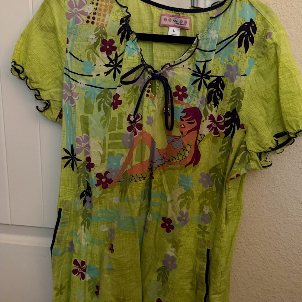 Koi Lime Green Top with Floral Accents